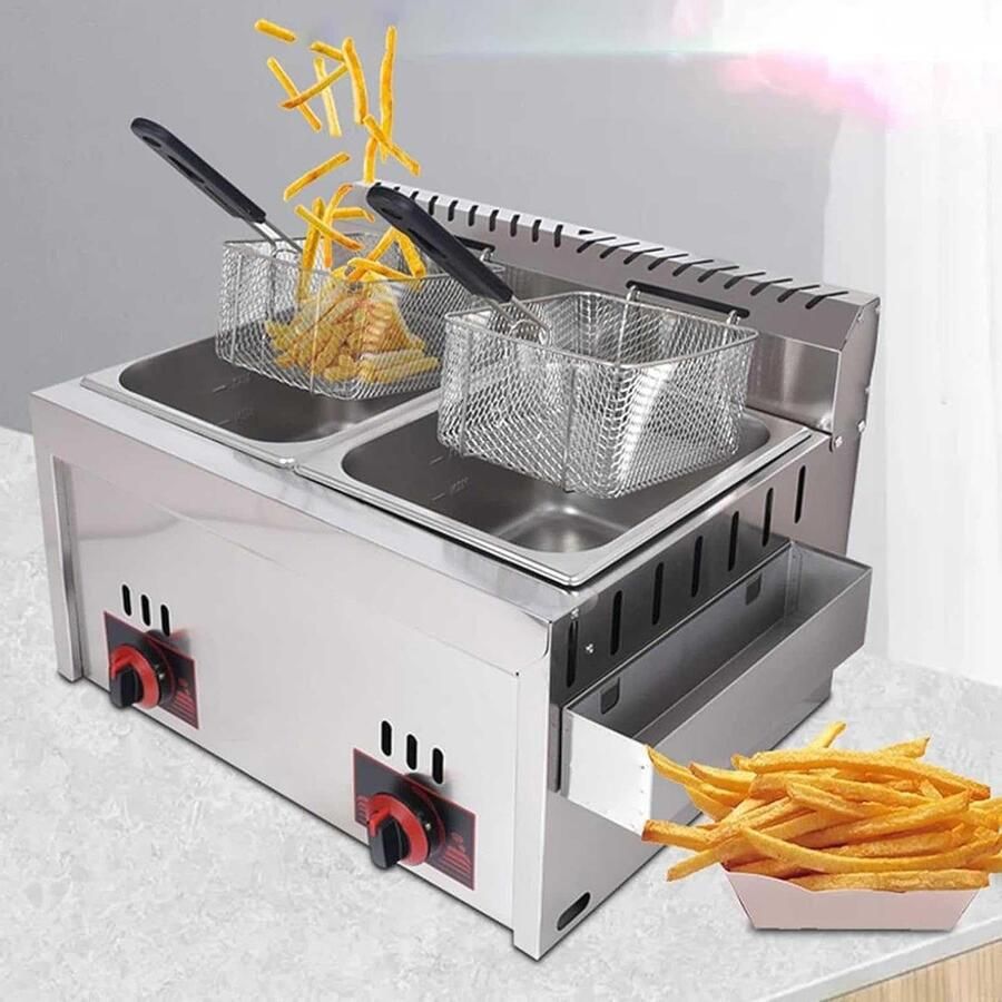 Gasfriteuse Roestvrij Staal Dubbele Friteuse Thuis Frituren Afneembare Manden 10L Capaciteit Zilver
