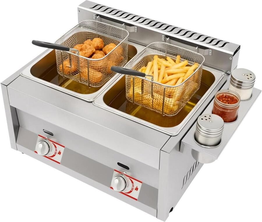 Dubbele Gasfriteuse Professionele Frituurpan Horeca Frituren Dubbele Temperatuurregeling 2 x 6 Liter Zilver