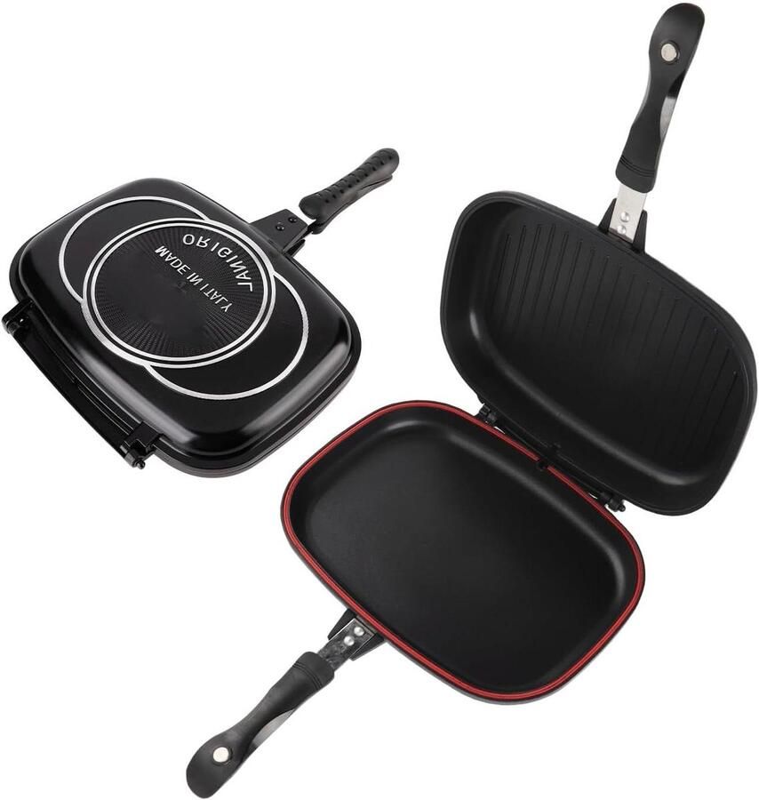 Dubbele Grill Pan Omkeerbare Koekenpan Snel Koken Geavanceerde Afdichting 32 cm Zwart