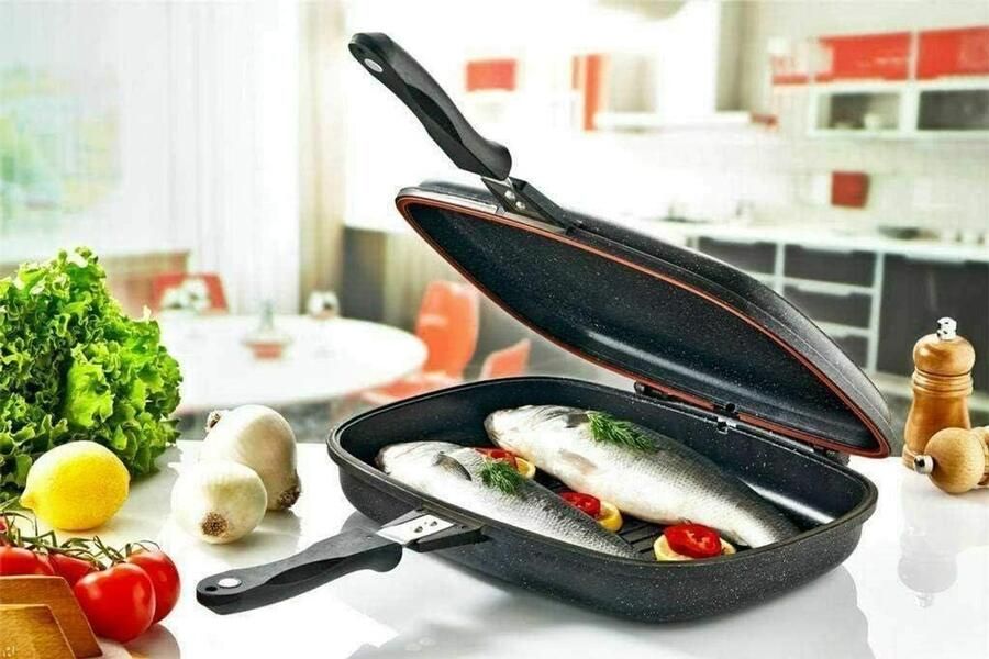 Dubbele Grillpan Dubbele Pan Grillplaat Gezond Koken Lavasteen Coating 36 cm Zwart