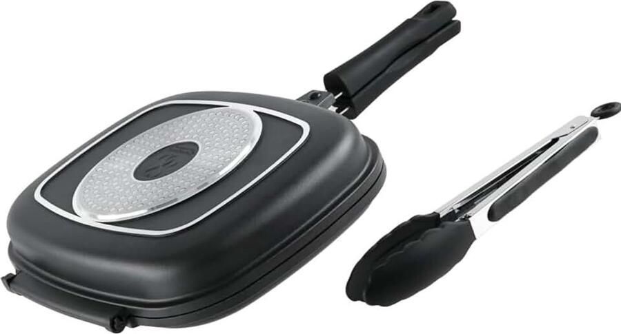 Dubbele grillpan rechthoekig 32 x 25 cm professionele oven Duitse kwaliteit super anti-aanbaklaag 2 afneembare grillpannen inductie-gas luchtdichte sluiting + tang
