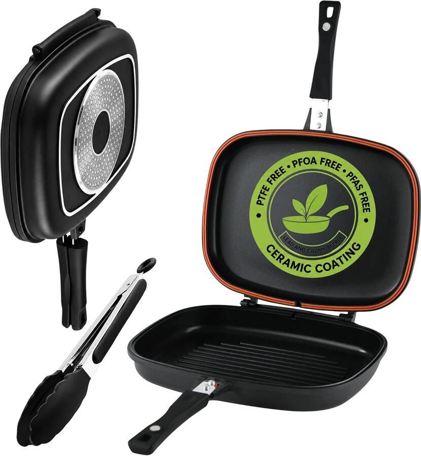 Dubbele grillpan rechthoekig 32 x 25 cm professionele oven Duitse kwaliteit super anti-aanbaklaag 2 afneembare grillpannen inductie-gas luchtdichte sluiting + tang