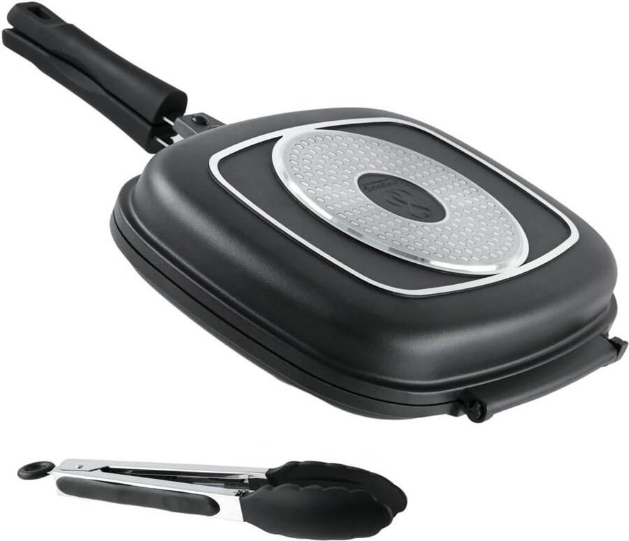 Dubbele Grillpan Rechthoekige Pan Gezond Koken Duitse Kwaliteit Coating 32x25 cm Zwart