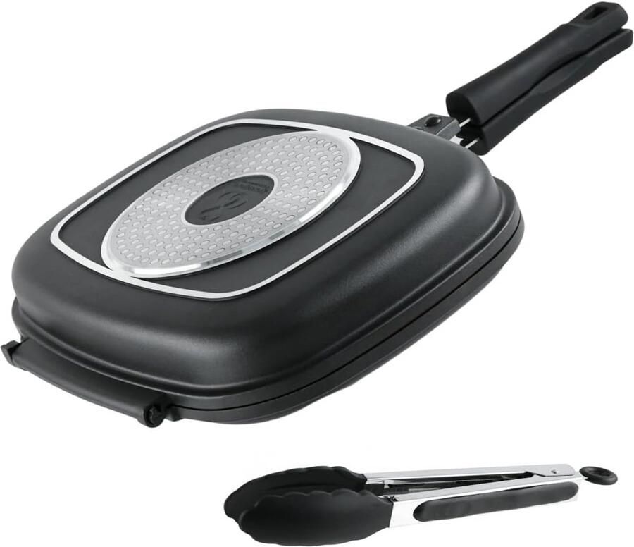 Dubbele Grillpan Rechthoekige Pan Gezond Koken Duitse Kwaliteit Coating 32x25cm Zwart