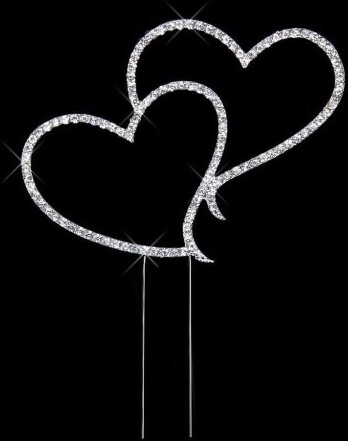Dubbele harten taarttopper bruidstaarttoppers verjaardagstaart decoratie delicate sprankelende steentjes Caketopper voor bruiloft Valentijnsdag jubilea taartdecoraties zilver