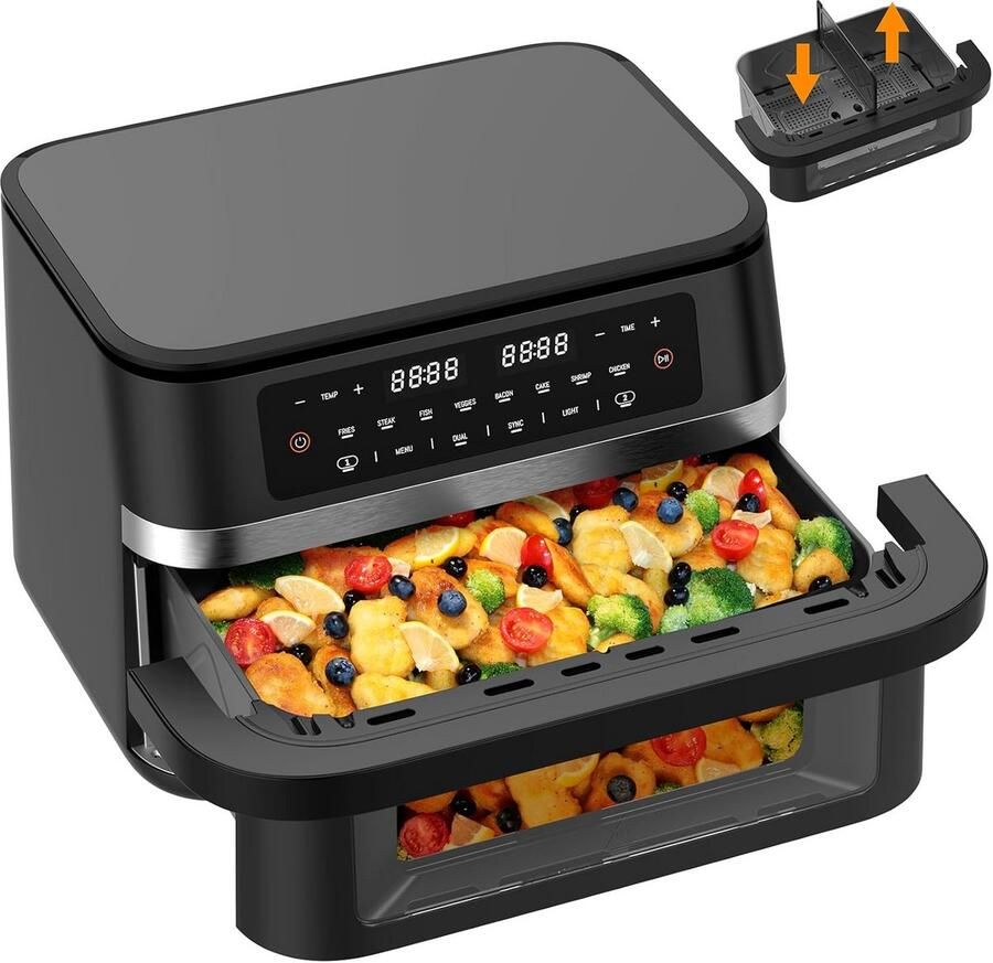 Dubbele Heteluchtfriteuse 11L 2950W Airfryer met Groot Kijkvenster en 8 Programma's