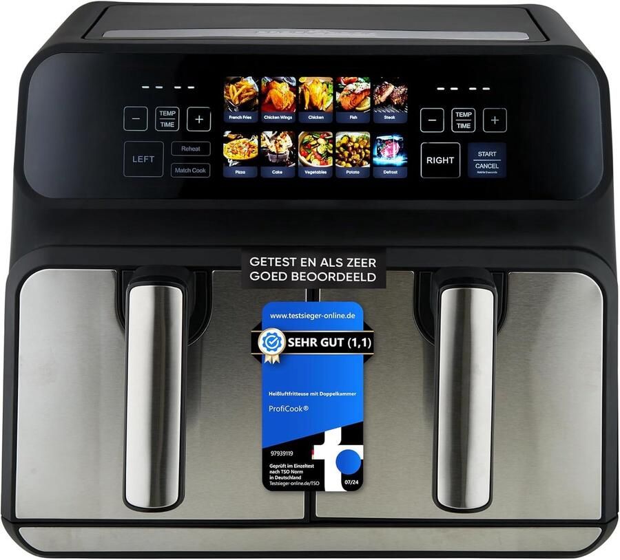 Dubbele Heteluchtfriteuse 8 Liter RVS 2x 4L Airfryer met 9 Programma's