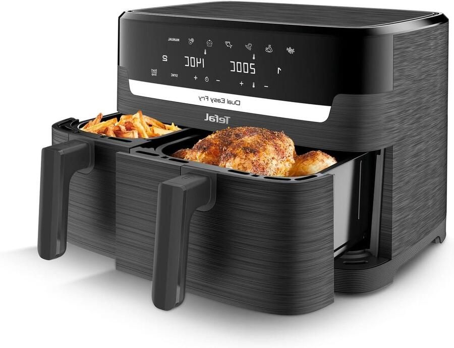 Dubbele Heteluchtfriteuse Airfryer Lades Compleet Koken Twee Gerechten Tegelijk 83 Liter Antraciet