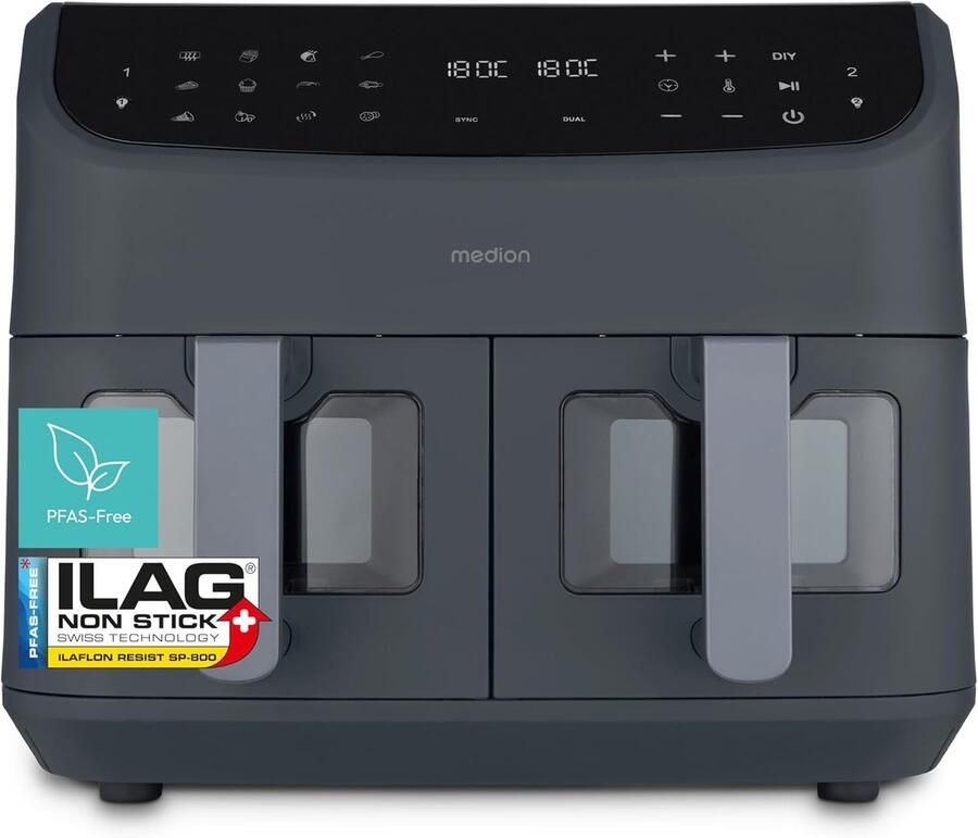 Dubbele Heteluchtfriteuse Airfryer met 2 Kamers Gezond Koken 8.7 Liter Capaciteit 41x40x33 cm Mat Grijs