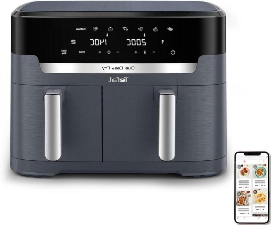 Dubbele Heteluchtfriteuse Airfryer met 2 kamers Gezond Koken Twee gerechten tegelijk 11 Liter XXL Antraciet Grijs