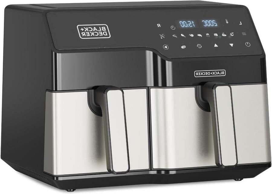 Dubbele Heteluchtfriteuse Airfryer Twee Manden Gezond Koken Double Cooking Technologie 9L Totale Capaciteit Zwart