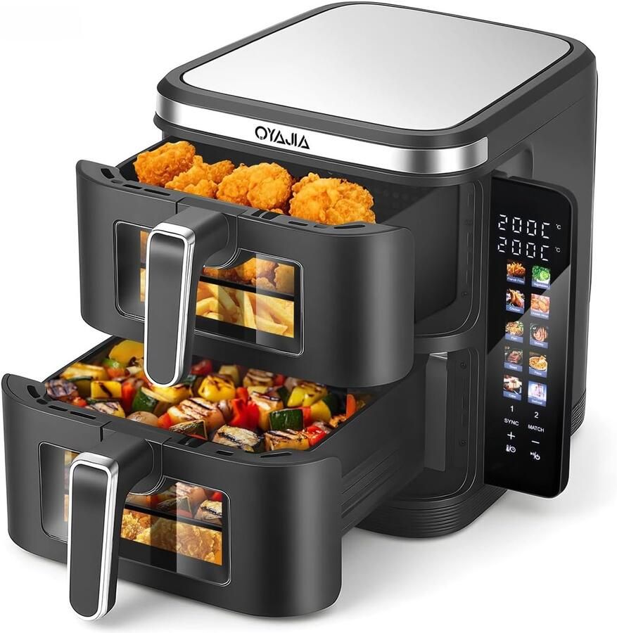 Dubbele Heteluchtfriteuse Dubbele Lade Airfryer Gezond Koken Ruimtebesparend Design 11 Liter Inhoud Zwart