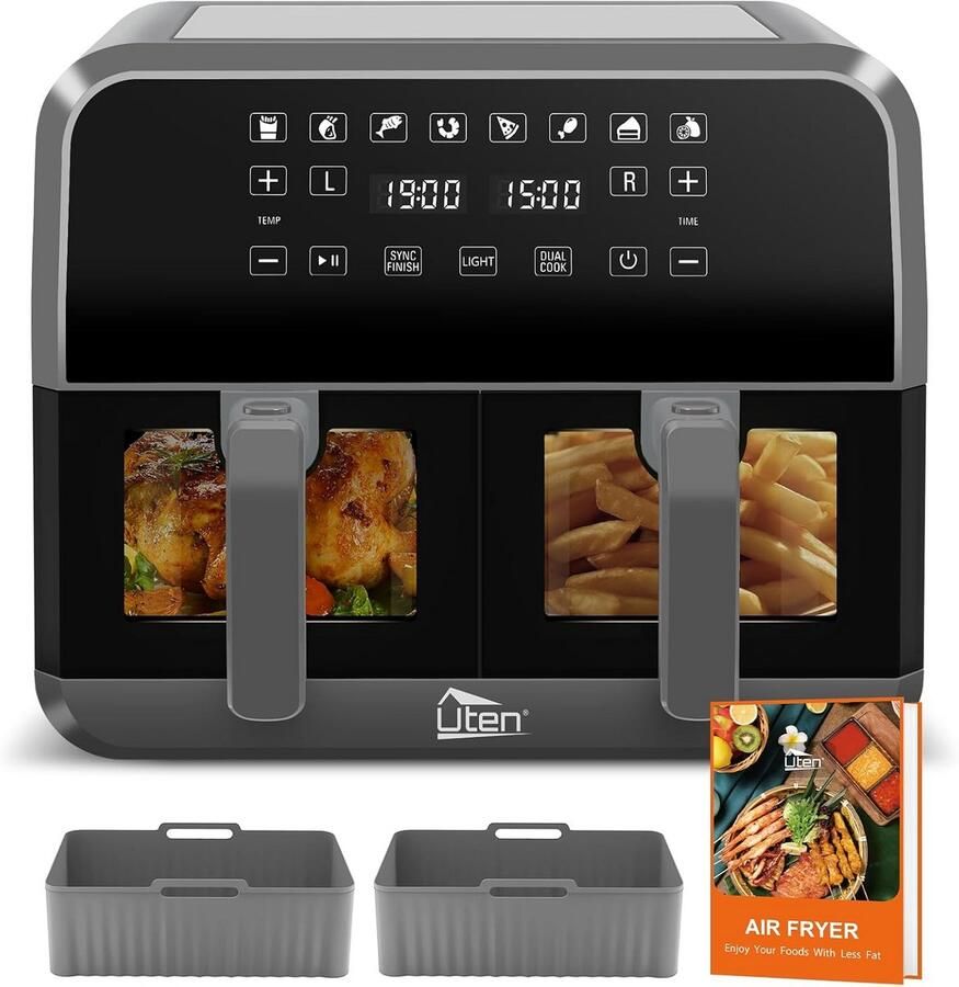 Dubbele Heteluchtfriteuse XL 8L Dual Zone Airfryer met 2 Siliconen Matten & Recepten