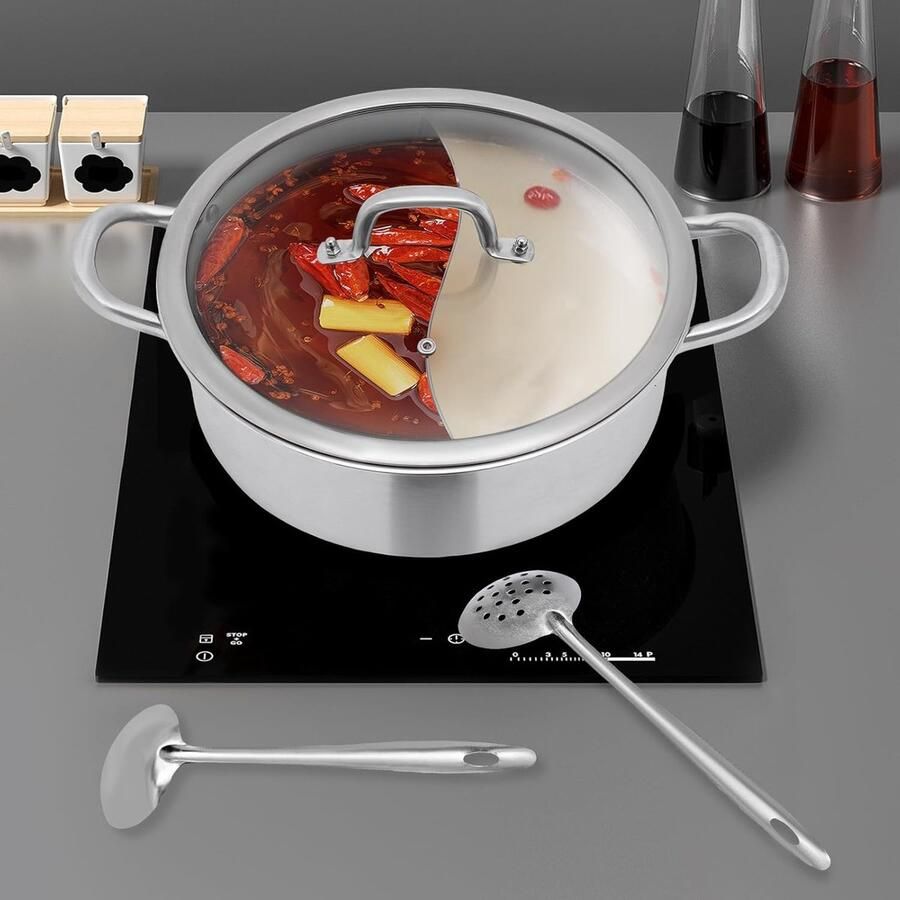 Dubbele Hot Pot Scheidingspan Samen Koken Twee Soorten Tegelijk 28cm Diameter Zilverkleurig