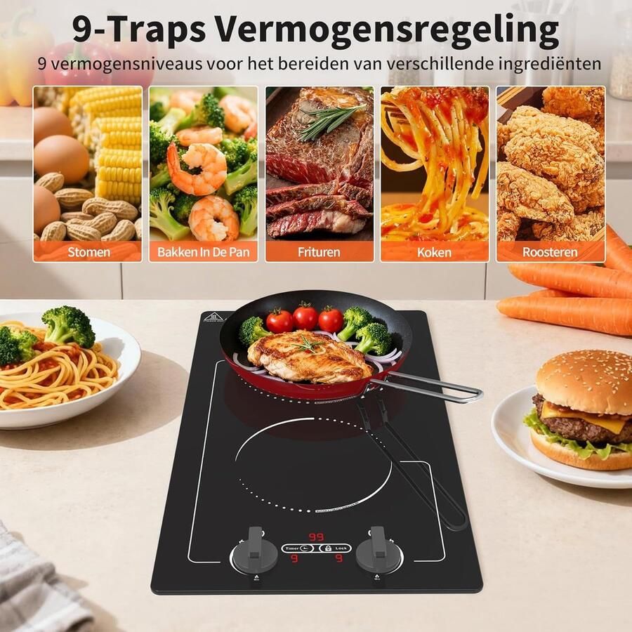 SnelShoppen Dubbele Inductiekookplaat 3000W 2-Pits Inductiekoker met Rotatieknoppen 9 Vermogensniveaus 99-Minuten Timer Kinderbeveiliging en LED