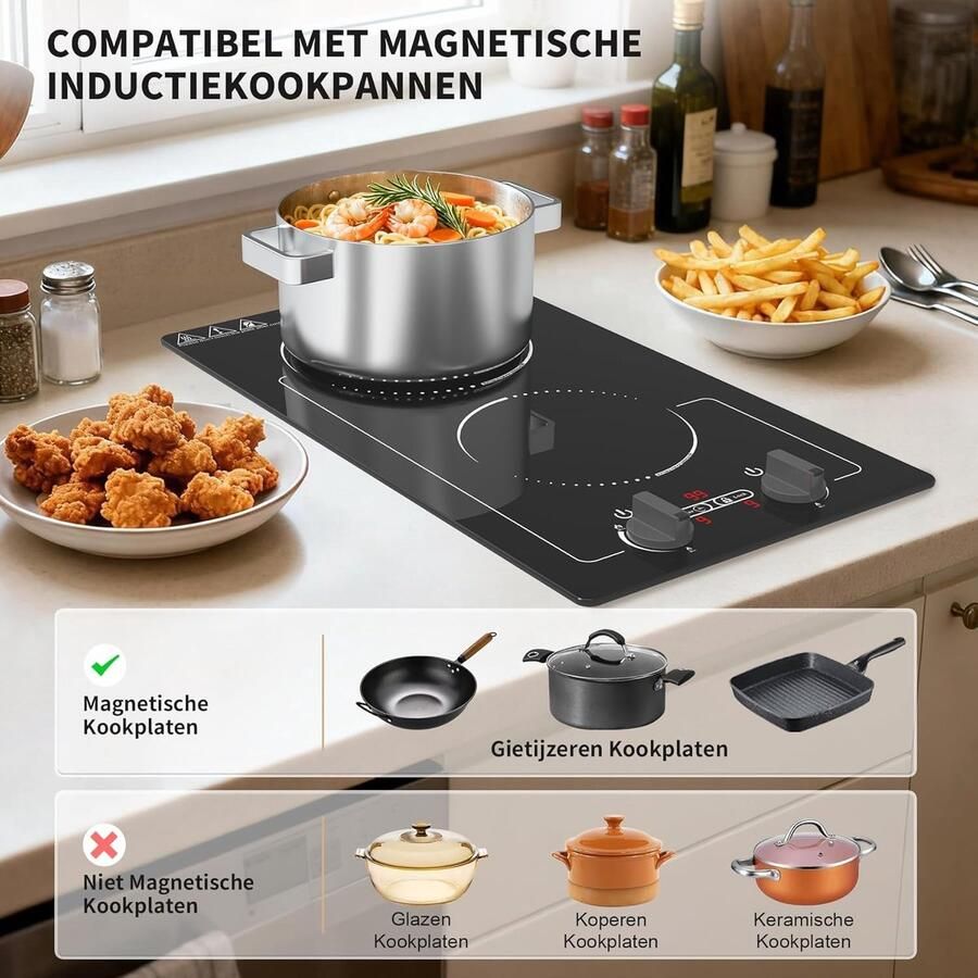 SnelShoppen Dubbele Inductiekookplaat 3000W 2-Pits Inductiekoker met Rotatieknoppen 9 Vermogensniveaus 99-Minuten Timer Kinderbeveiliging en LED