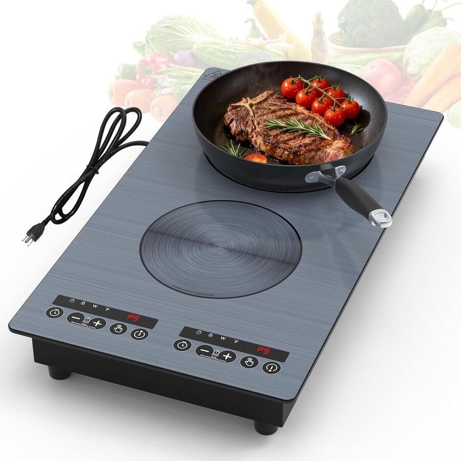 Dubbele Inductiekookplaat Zwart 2 Platen Onafhankelijke Bediening Voor Koken en Braden