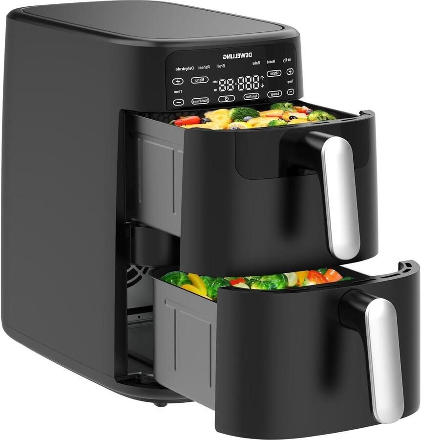 Dubbele Kamer Airfryer Heteluchtfriteuse XXL Gezinsmaaltijden Bereiden Ruimtebesparend Verticaal Design 10 Liter Zwart