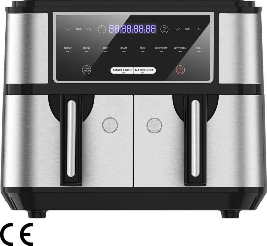 Dubbele Kamer Heteluchtfriteuse 9 liter 8 Programma's 2 Manden Hete Lucht zonder Olie Voor 6-10 Personen Voorverwarmen en Warm Houden 2600 W Airfryer