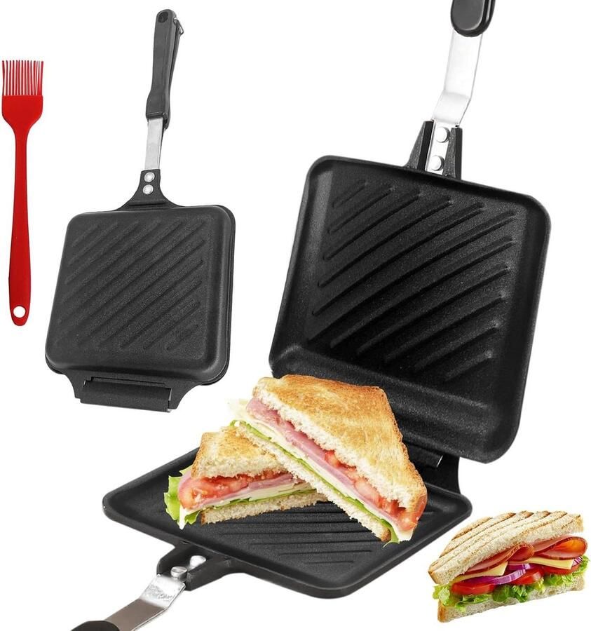Dubbele Koekenpan Sandwich Maker Warme Broodjes Maken Dubbelzijdig 35 x 15 cm Zilver