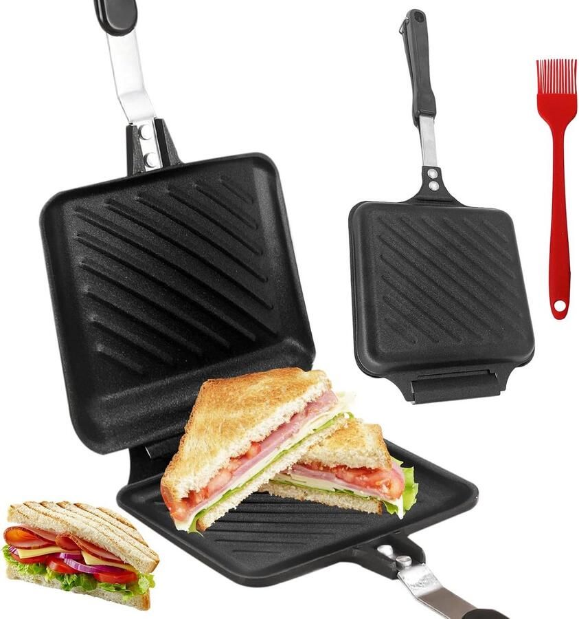 Dubbele Koekenpan Tosti Pan Broodjes Maken Dubbelzijdig Bakken 35 x 15 cm Zilver
