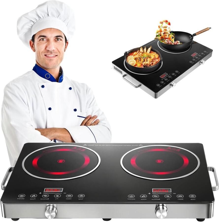 Dubbele Kookplaat Draagbaar Fornuis Snel Koken Touch Bediening 7000W Zwart