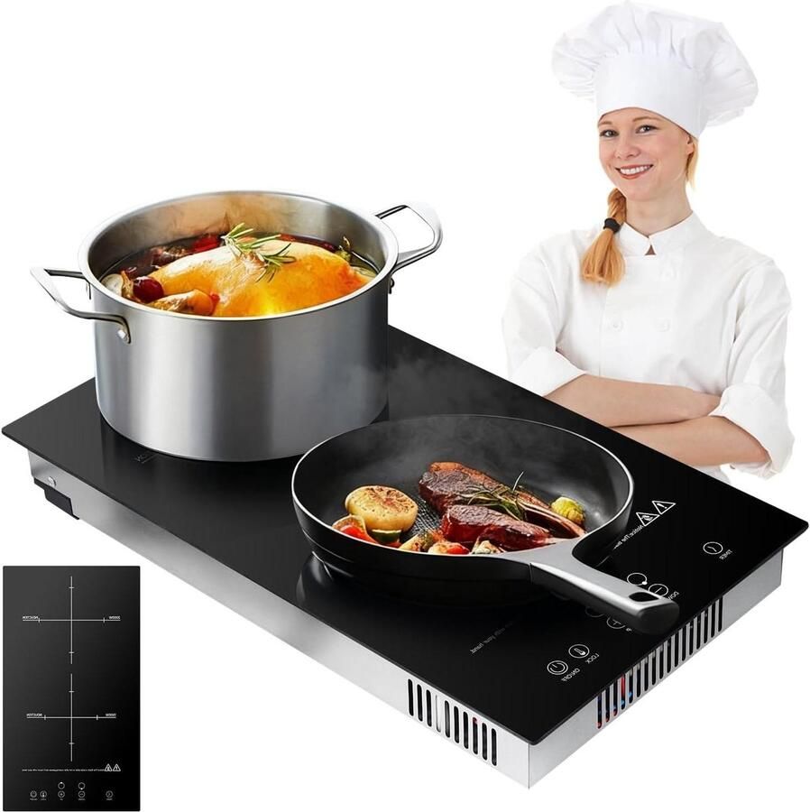 Dubbele Kookplaat Draagbare Kookplaat Snel Koken 9 Temperatuur Niveaus 2000 W en 1500 W Zwart