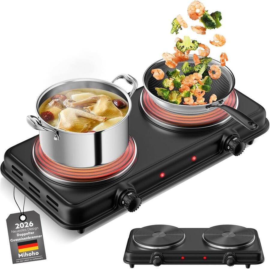 Dubbele Kookplaat Elektrisch Fornuis Snel Koken 5 Temperatuurstanden 43 x 24 x 6 cm Zwart