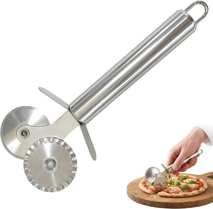 Dubbele kop pizzasnijder van roestvrij staal met comfortabele handgreep voor deeg gebak en pasta ideaal keukengereedschap voor ravioli en pizzaliefhebbers
