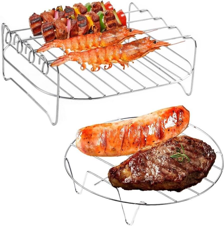 Dubbele Laag RVS Airfryer Grillrek met 4 Spiesen Extra Ruimte voor Gelijktijdig Bakken en Roosteren in Oven en Magnetron