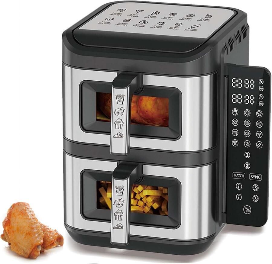 Dubbele Mand Airfryer Heteluchtfriteuse Gezond Koken Dubbele Kook Synchronisatie 12L Totale Capaciteit Zwart RVS
