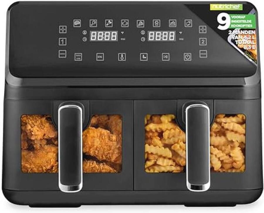 Dubbele Mand Luchtfriteuse 8.8 QT Gezinsformaat Olievrije Friteuse met 360° Heet Lucht Technologie 9 Voorgeprogrammeerde Kookopties