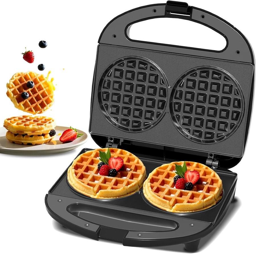 Dubbele Mini Wafelijzer – Antiaanbak Wafelmachine van Gietijzer Automatische Temperatuurregeling Cool-Touch Handgreep