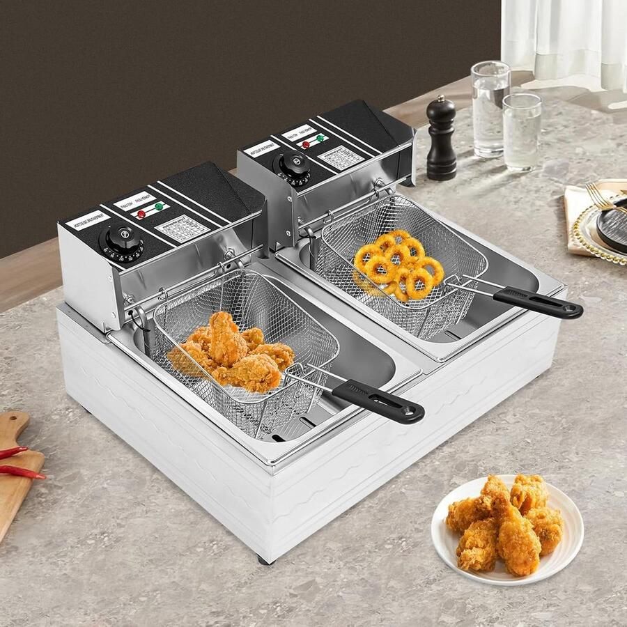 Dubbele Oliefriteuse Professionele Frituurpan Grote Porties Bakken Roestvrij Staal 2 x 6 Liter Zilver