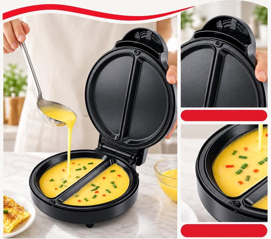 Dubbele Omeletmaker 1000W – Elektrische Eierkoker – 2 Bakvakken – Antiaanbaklaag – Compact & Snel