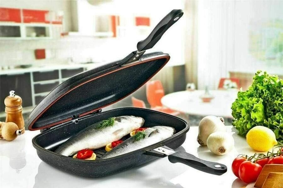 Dubbele pan Grillpan inklapbaar Koken en braden Lavasteen coating 36 cm Zwart
