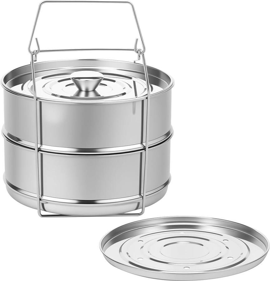 Dubbele RVS Stoompan met Accessoires Stapelbaar voor Efficiënt Koken en Stomen