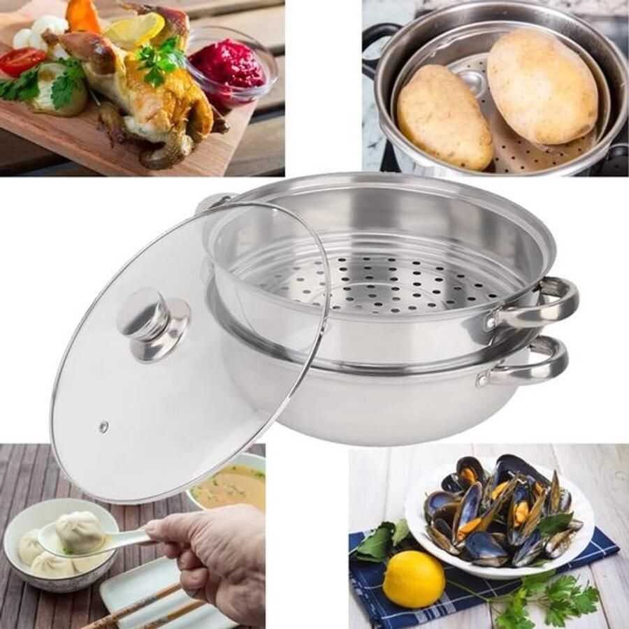 Dubbele RVS Stoompan met Deksel voor Soep en Groenten 27 x 27 x 19.5 cm Ideaal voor Gezond Koken en Stomen - Foto 2