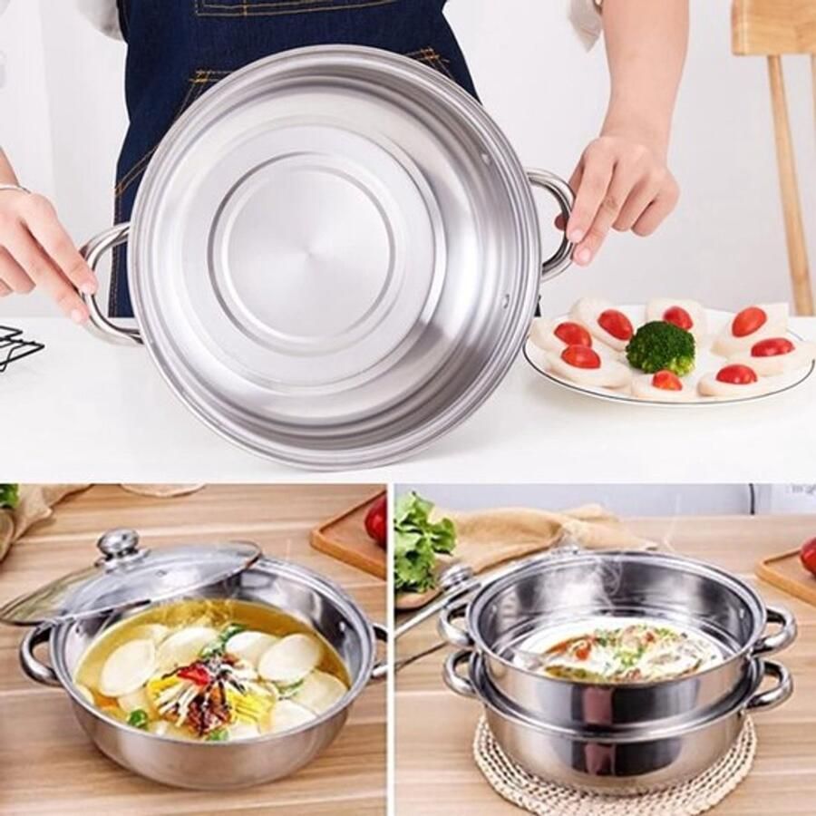 Dubbele RVS Stoompan met Deksel voor Soep en Groenten 27 x 27 x 19.5 cm Ideaal voor Gezond Koken en Stomen