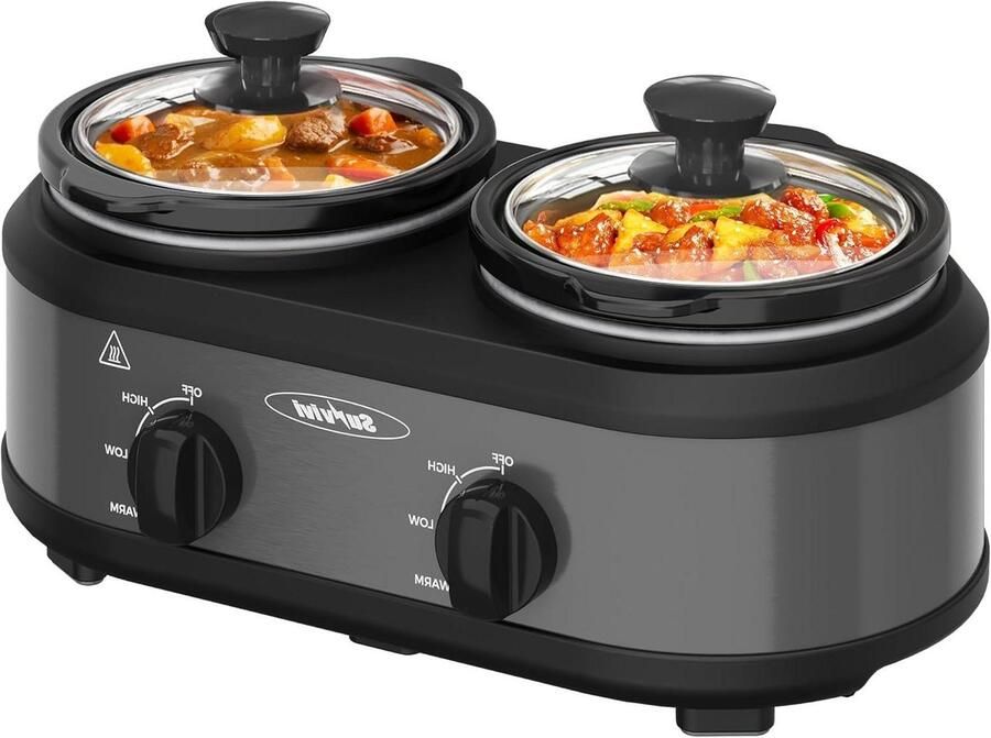 Dubbele Slowcooker Buffetserver Warmer Gerechten Warm Houden Twee Keramische Potten 2x 1.25 Liter Grijs