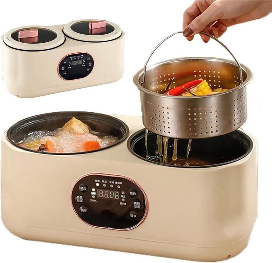 Dubbele Slowcooker Dubbele Kookpot Maaltijden Bereiden Dubbele Onafhankelijke Pannen 3.6 Liter Totaal Off-white