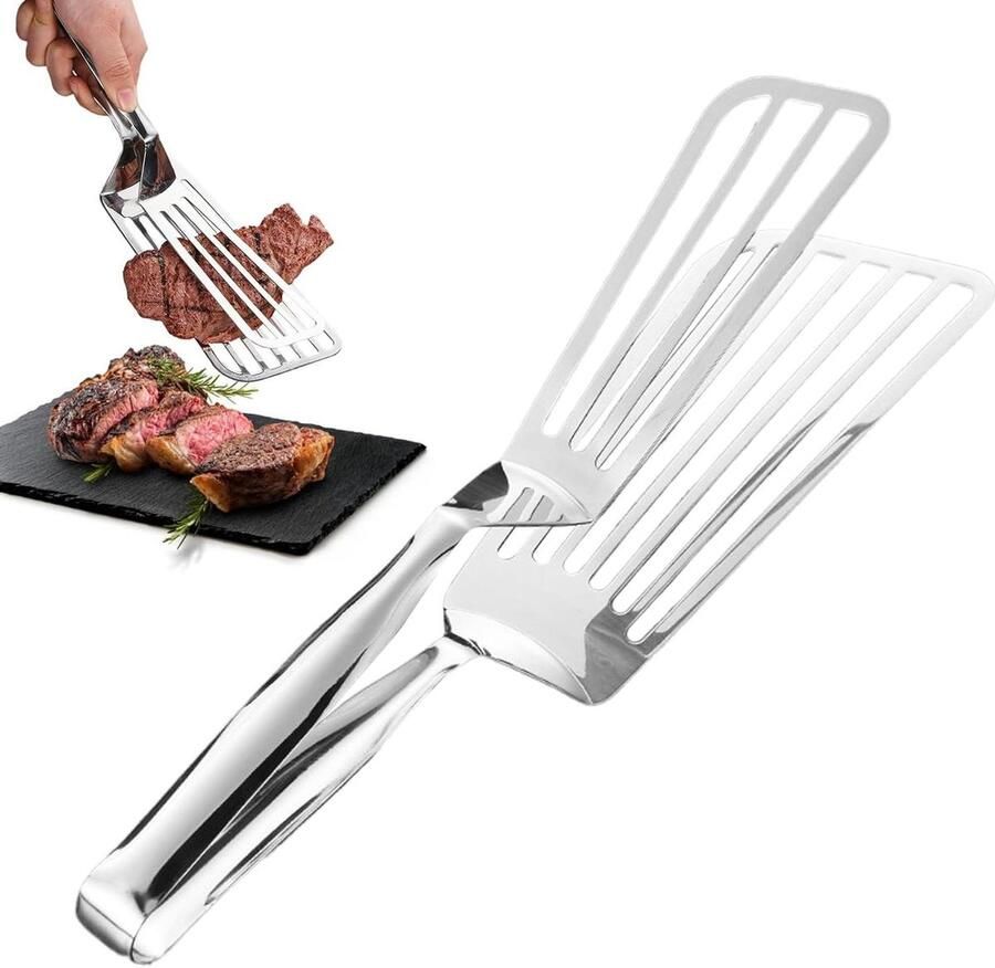 Dubbele Spatel Flipper Keukenspatel Tang Vlees Grillen Geïntegreerd Ontwerp 32 cm Zilver