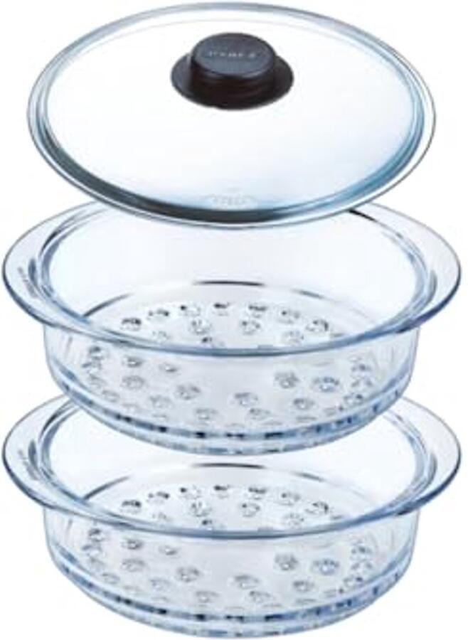 Dubbele Stoommand 20cm met Deksel Stoomkoken in Borosilicaatglas Geschikt voor Magnetron en Vaatwasser