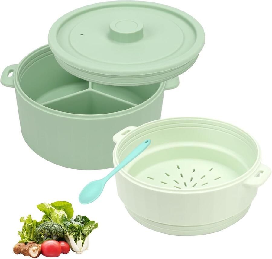 Dubbele Stoompan Magnetron Container Snel Eten Bereiden Vaatwasserbestendig 18.8 x 12.5 cm Groen