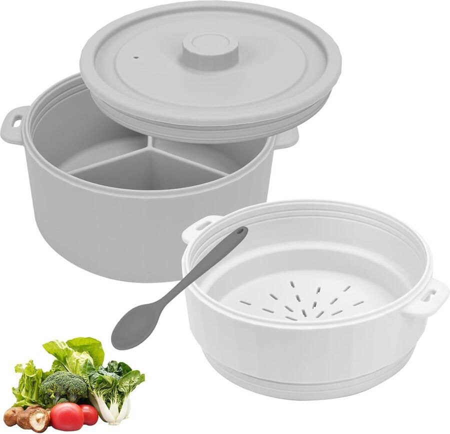 Dubbele Stoompan Magnetron Container Snel Koken Vaatwasserbestendig 1.3 Liter Grijs