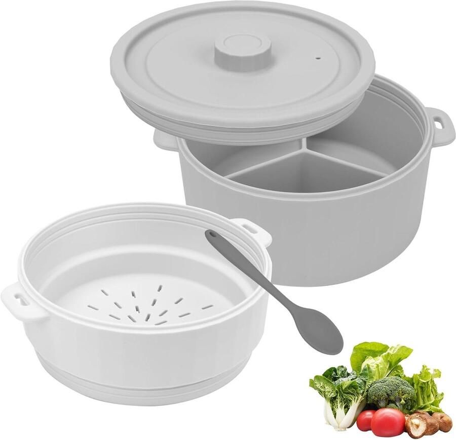Dubbele Stoompan Magnetron container Snel Koken Vaatwasserbestendig 1.3 Liter Grijs