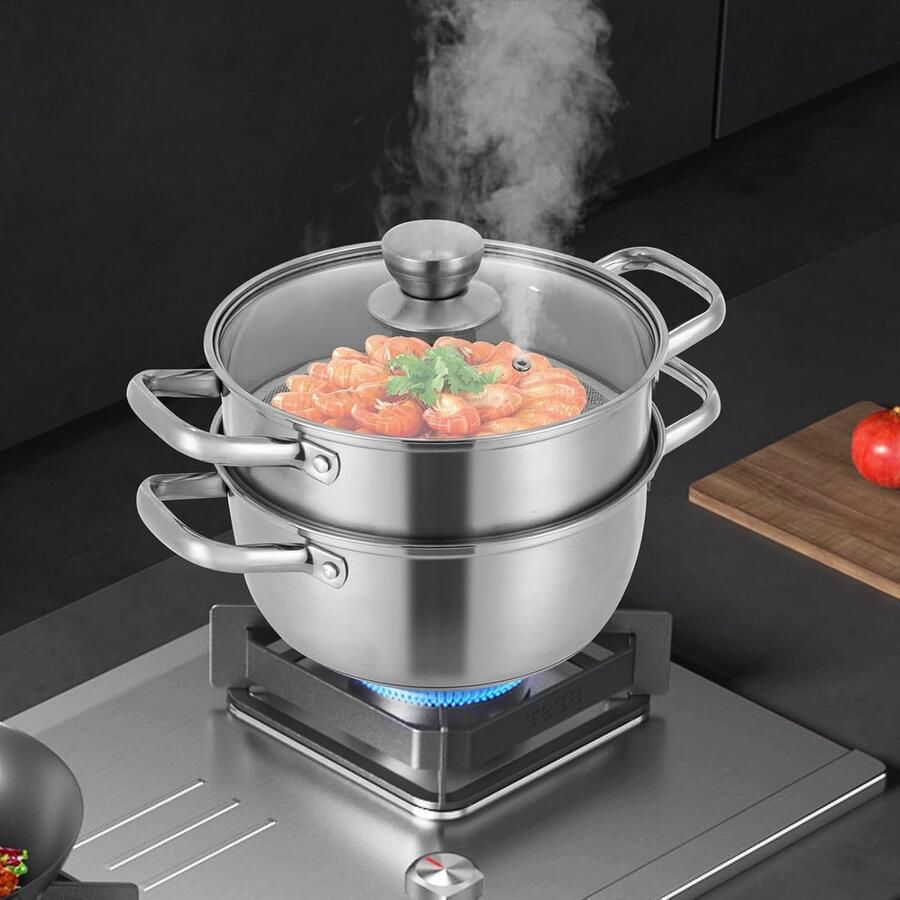 Dubbele Stoompan RVS met Glazen Deksel en Inzet voor Gezond Koken op Alle Fornuizen
