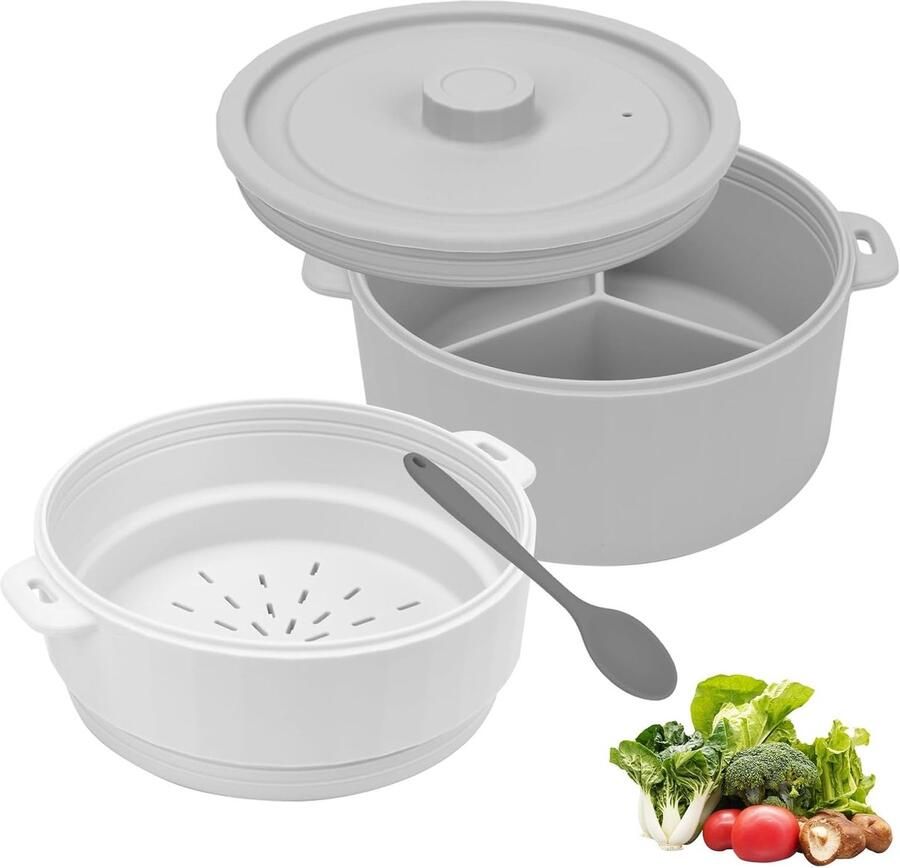 Dubbele Stoompan voor Magnetron Voor Gezond Koken Serveren en Bewaren
