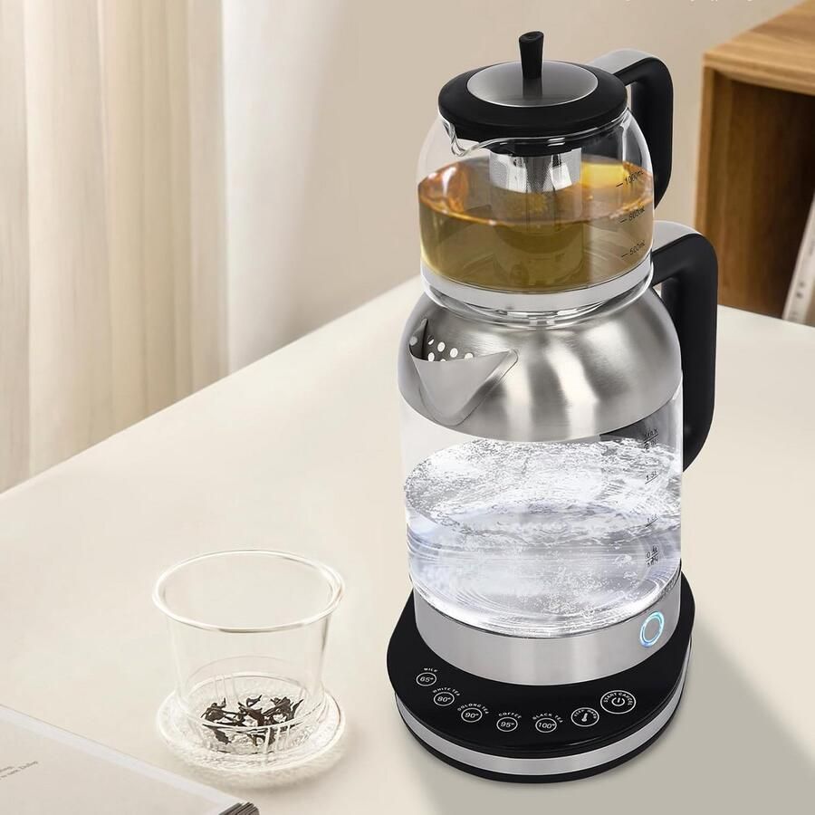 Dubbele Waterkoker met Temperatuurregeling Elektrische Theezetter Glas 1800W