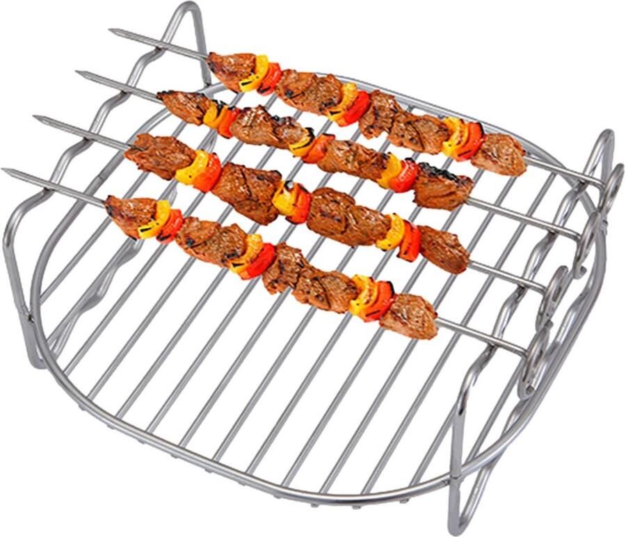 Dubbellaags RVS Airfryer Rack met Spiesjes Universele Heetluchtfriteuse Accessoires